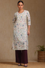 Women's Cream Linen Botanical Print Kurta