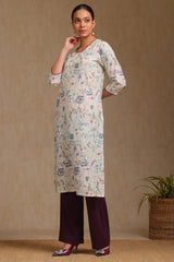 Women's Cream Linen Botanical Print Kurta