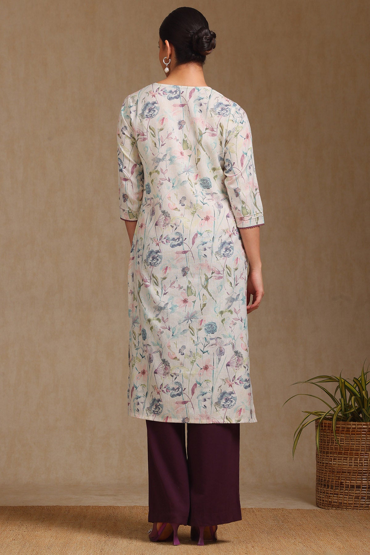 Women's Cream Linen Botanical Print Kurta