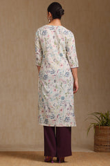 Women's Cream Linen Botanical Print Kurta