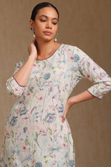 Women's Cream Linen Botanical Print Kurta