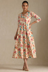 Women's Multicolour Cotton Flex Floral Print Dress With Beads
