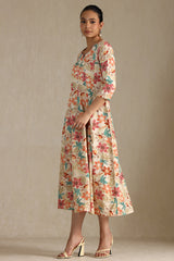 Women's Multicolour Cotton Flex Floral Print Dress With Beads