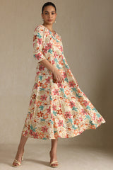Women's Multicolour Cotton Flex Floral Print Dress With Beads