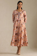 Women's Peach Cotton Flex Floral Print Dress With Beads