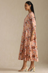Women's Peach Cotton Flex Floral Print Dress With Beads