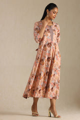 Women's Peach Cotton Flex Floral Print Dress With Beads