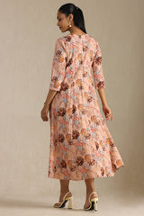 Women's Peach Cotton Flex Floral Print Dress With Beads