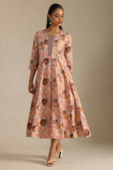 Women's Peach Cotton Flex Floral Print Dress With Beads
