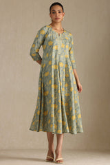 Women's Green Cotton Flex Floral Print Dress With Sequins