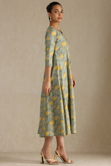 Women's Green Cotton Flex Floral Print Dress With Sequins