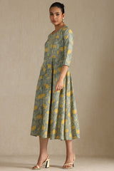 Women's Green Cotton Flex Floral Print Dress With Sequins