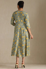 Women's Green Cotton Flex Floral Print Dress With Sequins