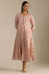 Women's Peach Cotton Floral Print Dress With Cutdana