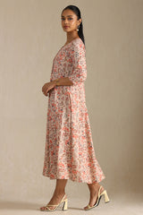 Women's Peach Cotton Floral Print Dress With Cutdana