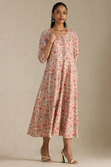 Women's Peach Cotton Floral Print Dress With Cutdana