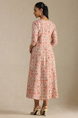 Women's Peach Cotton Floral Print Dress With Cutdana