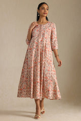 Women's Peach Cotton Floral Print Dress With Cutdana