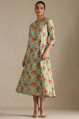 Women's Sap Green Cotton Flex Floral Print Dress With Cutdana