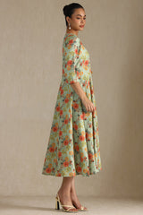 Women's Sap Green Cotton Flex Floral Print Dress With Cutdana