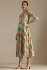 Women's Sap Green Cotton Flex Floral Print Dress With Cutdana