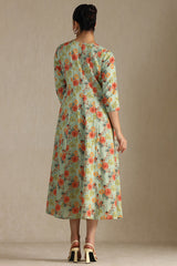 Women's Sap Green Cotton Flex Floral Print Dress With Cutdana