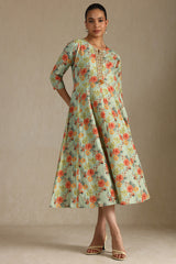 Women's Sap Green Cotton Flex Floral Print Dress With Cutdana