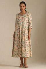 Women's Beige Cotton Flex Floral Print Dress With Thread Work