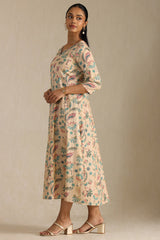 Women's Beige Cotton Flex Floral Print Dress With Thread Work
