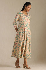Women's Beige Cotton Flex Floral Print Dress With Thread Work