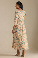 Women's Beige Cotton Flex Floral Print Dress With Thread Work