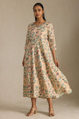 Women's Beige Cotton Flex Floral Print Dress With Thread Work