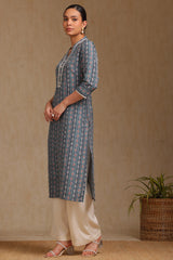 Women's Teal Rayon Paisley Print Kurta With Thread Work