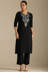 Women's Black Rayon Floral Print Kurta With Thread Work