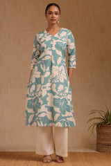 Women's Blue Pure Cotton Floral Print Kurta