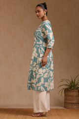 Women's Blue Pure Cotton Floral Print Kurta