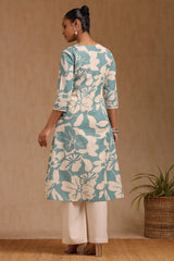 Women's Blue Pure Cotton Floral Print Kurta