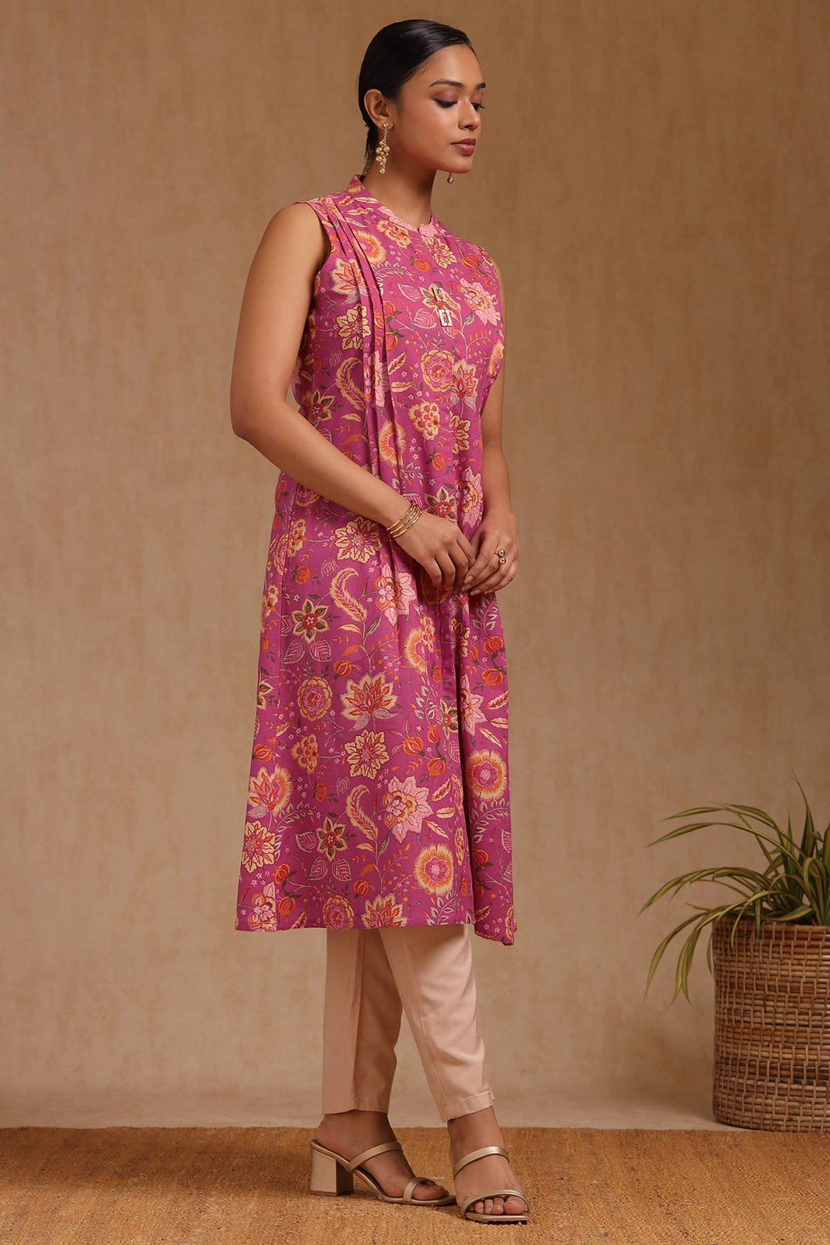 Women's Fuchsia Cotton Floral Print Kurta