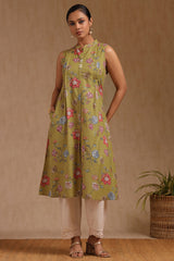 Women's Olive Cotton Flex Floral Print Kurta