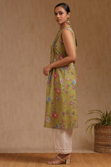 Women's Olive Cotton Flex Floral Print Kurta