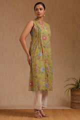 Women's Olive Cotton Flex Floral Print Kurta