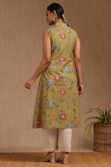 Women's Olive Cotton Flex Floral Print Kurta