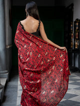 Women's Red Cotton Viscose Saree