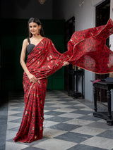 Women's Red Cotton Viscose Saree