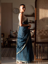 Women's Blue Cotton Blend Saree
