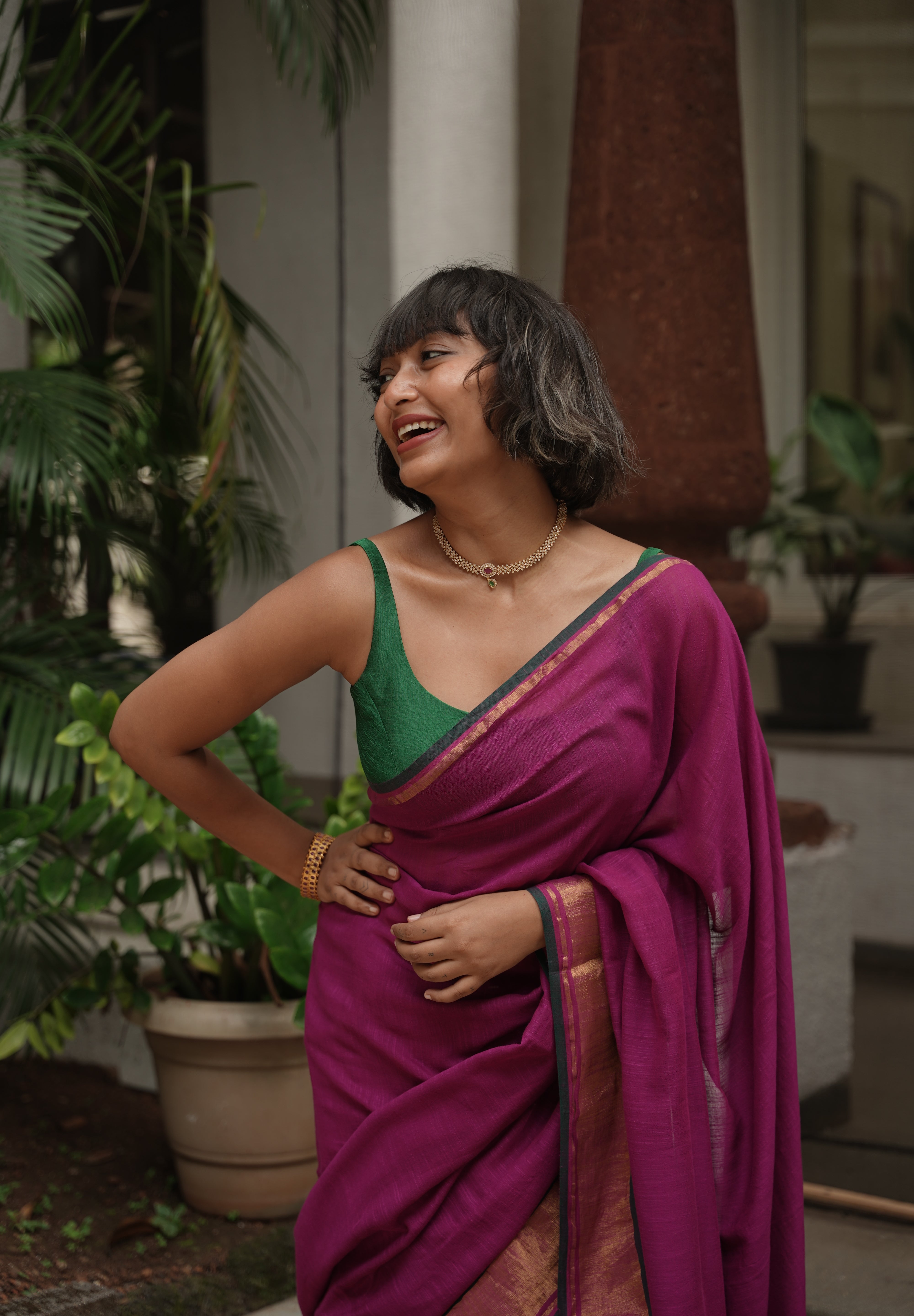 Women's Purple Cotton Blend Saree