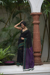 Women's Black Cotton Blend Saree