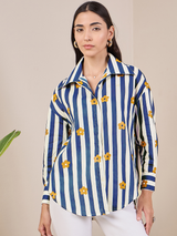 Women's Navy Blue Casual Printed Regular Fit Full Sleeves Shirt