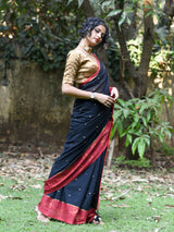 Women's Black and Red Border Casual Cotton Saree