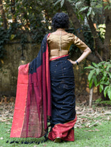 Women's Black and Red Border Casual Cotton Saree